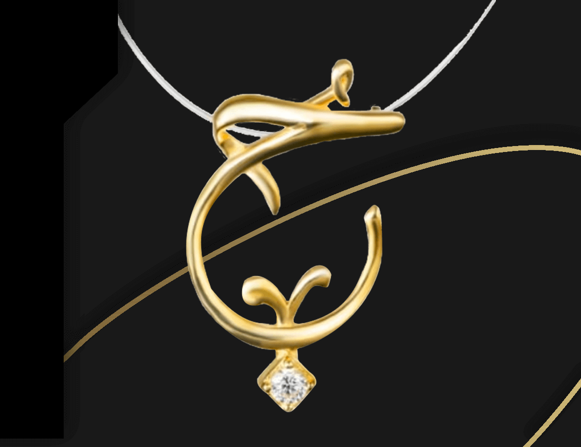 Wazna letter pendant in yellow gold with a single diamond drop, on a black background